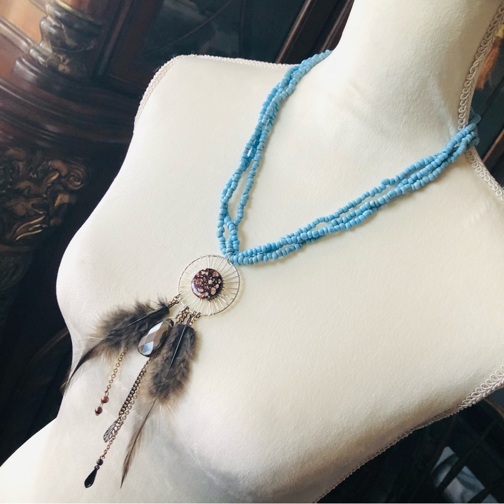 Handcrafted multi strand howlite stone southwestern style medallion necklace
